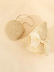 2pcs Beige Wave Pattern Fresh Style Bowknot Straw Hat And Woven Bag Set, Perfect For Beach Vacation - Beige - View 3
