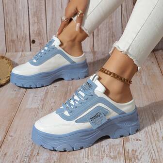 Damen Lässig Schuhe mit Farbblock, Schnürung, weiche dicke Plattform Skate Sneakers, leichte Low-Top-Wanderschuhe