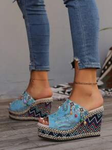 Bohemian Style High Heel Printed Wedges For Women, 2024 Summer New Arrivals, Random Color Boho Sandals With Beaded Strap, Open Toe, Random Tassel, Chunky Platform, High Waterproof Platform, Casual & Versatile, Braided Sole, Roman Style Beach Resort Sandals - Blue - View 4