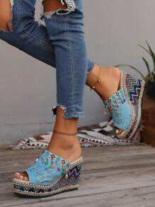 Bohemian Style High Heel Printed Wedges For Women, 2024 Summer New Arrivals, Random Color Boho Sandals With Beaded Strap, Open Toe, Random Tassel, Chunky Platform, High Waterproof Platform, Casual & Versatile, Braided Sole, Roman Style Beach Resort Sandals - Blue - View 3