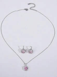 1 Cặp Cổ Điển Cưới Tròn Đính Đá Cubic Zirconia Bông Tai Và 1 Vòng Cổ Điển & Thanh Lịch CZ Mặt Dây Chuyền Vòng Cổ - Hồng - Xem 5