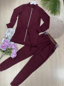 Women Two-Piece Outfits - 酒紅色 - 查看 1
