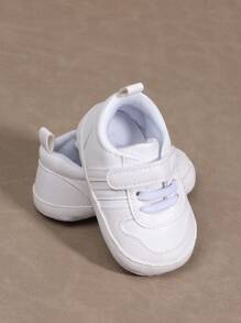 1pair Boys Solid Color Soft Sole PU Shoes With  Strap, Suitable For Casual And Athletic Wear, 0-1 Years Old, Spring And Autumn - White - View 1