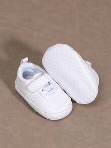 1pair Boys Solid Color Soft Sole PU Shoes With  Strap, Suitable For Casual And Athletic Wear, 0-1 Years Old, Spring And Autumn - White - View 3