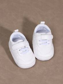 1pair Boys Solid Color Soft Sole PU Shoes With  Strap, Suitable For Casual And Athletic Wear, 0-1 Years Old, Spring And Autumn - White - View 4