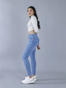FINTI Jeans ajustados de talle alto y bolsillos. Pantalones skinny para mujer, vístete cómoda y con estilo - Azul lavado medio - Ver 5