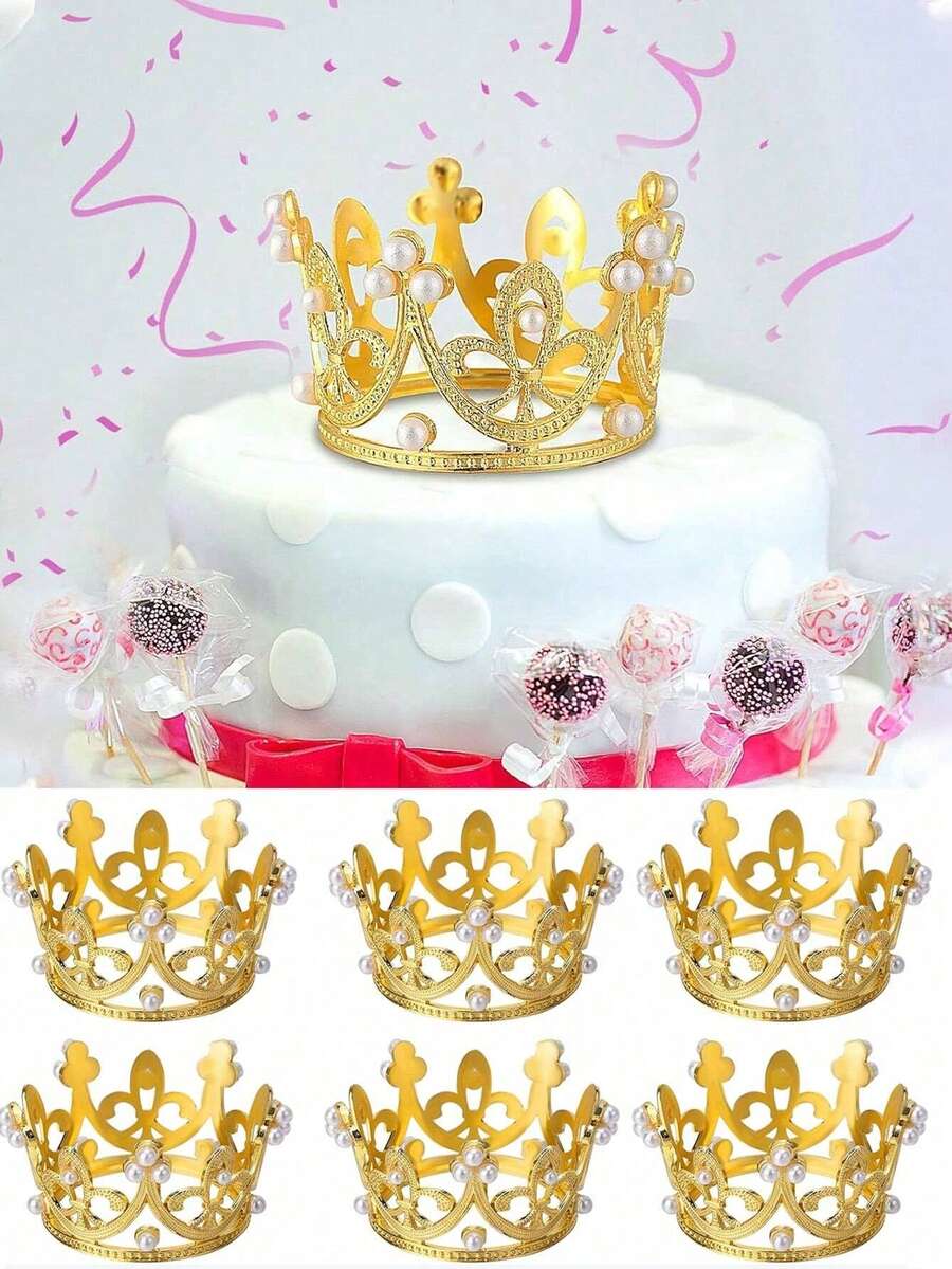 6入組小珍珠裝飾皇冠飾品，蛋糕裝飾，生日蛋糕裝飾，花藝裝飾，迷你皇冠公主礎裝飾品，適用於嬰兒淋浴、生日、婚禮、聖誕節、公主主題派對裝飾，新生兒照片道具 - 彩色 - 查看 1
