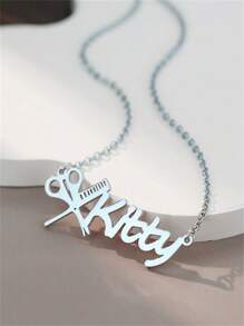 Customized Name Necklace For Women, Simple Personalized Hairdresser Necklace With Delicate And Stylish Scissor & Comb Pendant, Punk Stainless Steel Handmade Letter Necklace With Name Plate Pendant, Ideal For Family Party Jewelry Gift To Hairdresser - Silver-mV Boli - View 3