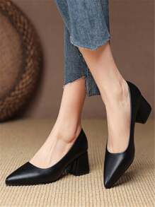新款春秋季女士高跟鞋韩版尖头低帮粗跟女士时尚鞋 - 黑色 - 查看 5