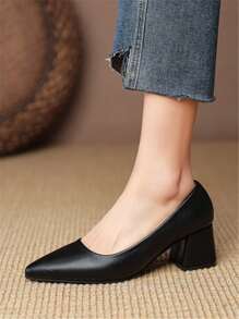 新款春秋季女士高跟鞋韩版尖头低帮粗跟女士时尚鞋 - 黑色 - 查看 3