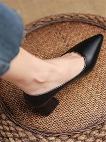 新款春秋季女士高跟鞋韩版尖头低帮粗跟女士时尚鞋 - 黑色 - 查看 2