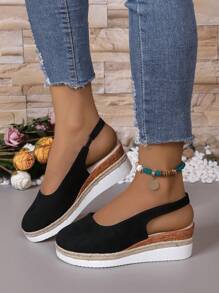 Nuevas sandalias de tacón de cuña para mujer con suela tejida, punta cerrada, estilo informal para vacaciones, calzado de mujer de tacón alto versátil - Negro - Ver 4