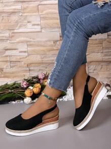 Nuevas sandalias de tacón de cuña para mujer con suela tejida, punta cerrada, estilo informal para vacaciones, calzado de mujer de tacón alto versátil - Negro - Ver 2