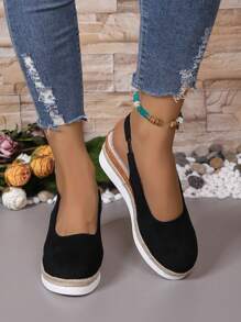 Nuevas sandalias de tacón de cuña para mujer con suela tejida, punta cerrada, estilo informal para vacaciones, calzado de mujer de tacón alto versátil - Negro - Ver 5