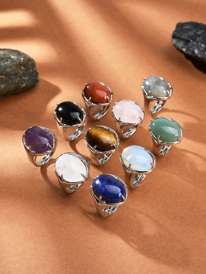 1 件天然水晶和宝石蛋形光滑开口戒指，适合男士和女士