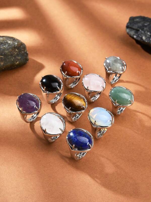 1 قطعة خاتم حجر طبيعي بشكل بيضوي مصقول، مناسب للرجال والنساء