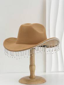 1pc Solid Color Unique Personality Sparkling Rhinestone Tassel Hat, With Shewee Cowgirl Hat, Suitable For Girlcore, Vintage, Floral, Spring Summer Bright Colors, Pink Aesthetic, Novel Punk Style Wide Brim BR Street Fashion, 2024 Wedding Essentials, Classy Aesthetic, Dinner Party Essentials, Suitable For Parties, Western-Themed Events, Gatherings, Engagement Parties, Cosplay, Graduation Ceremonies, Masquerades, Festivals, Weddings, Birthday Celebrations, Music Festivals, Coming-Of-Age Ceremonies Halloween