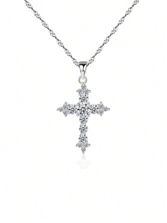 1 pieza de elegante collar con colgante de cruz de plata esterlina 925 engastada con circonias cúbicas para mujeres, regalo de joyería fina para bodas y compromisos