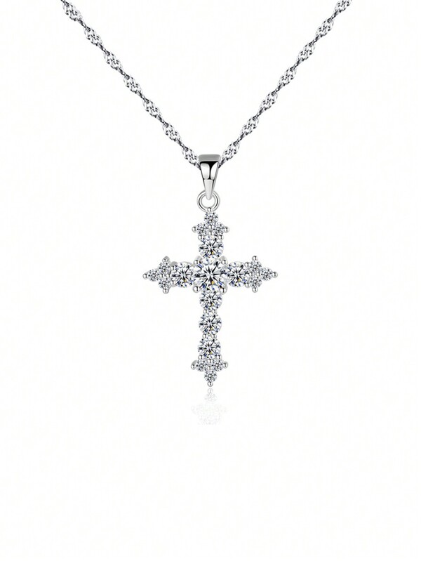 1pc Elegant Cubic Zirconia Studded 925 Sterling Silver Cross Pendant Necklace For Women, Wedding Engagement Fine Jewelry Gift