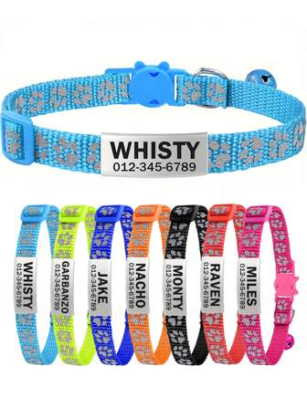 Customized Reflective Personalized Cat Collar, With Detachable Buckle, Bell And Paw Print Pattern, Suitable For Small And Medium-Sized Male And Female Cats Ornamental,Engraved,Stainless Stylish,Fashion,Colorful,Vintage,Cute,Contracted,Cuties Custom,Unique,Customized,Personalized Pet For Anniversaries,For Birthdays,Vacay Vibes,Pet Supplies,Customized Pet Supplies