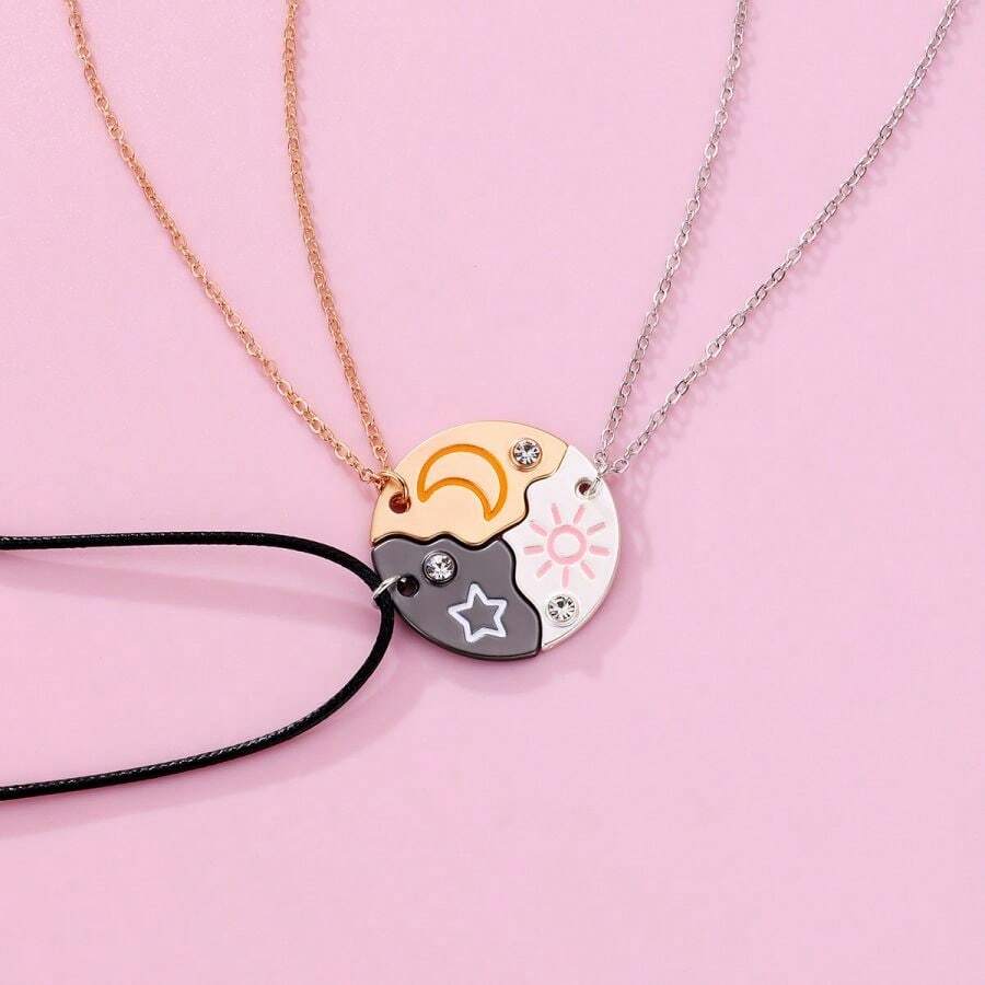 1 conjunto de Colar Pingente Sol, Lua e Estrela, Conjunto incomum dos melhores amigos da amizade da equipe de colar redondo de liga de amigos - Conjunto de sol, lua e estrelas - Visão 1