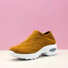 Women's Brown Diamond Shaped Loafers, Slip-On Knit Sports & Casual Sock Shoes, Lightweight Breathable Dance Shoes