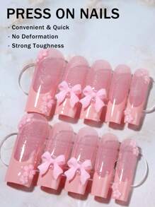 Conjunto de 24Pcs de uñas acrílicas francesas rosas largas cuadradas con diseño de moño rosa y perlas, incluyen 1 pieza de pegamento gelatinoso y 1 pieza de lima de uñas, adecuado para uso diario y para fiestas de mujeres y niñas, suministros de uñas falsas - Multicolor - Ver 2