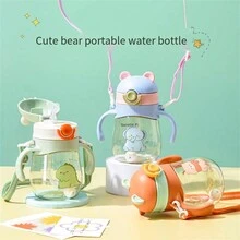 Botella de agua de plástico recta con dibujo animado, con correa y pajita para beber - Verde - Ver 3