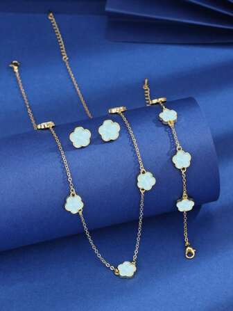 4pcs/Set Luxury Five-Petal Flower Shape Copper Necklace, Bracelet, Earrings Set With Micro-Inlaid , For Women, Dating, Engagement, Wedding, Valentine's Day Gift Valentines,Mom,Mother,Mother's Day,Gift