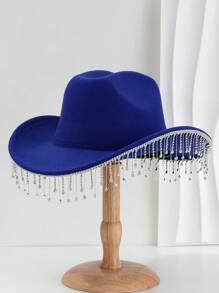 1pc Solid Color Unique Personality Sparkling Rhinestone Tassel Hat, With Shewee Cowgirl Hat, Suitable For Girlcore, Vintage, Floral, Spring Summer Bright Colors, Pink Aesthetic, Novel Punk Style Wide Brim BR Street Fashion, 2024 Wedding Essentials, Classy Aesthetic, Dinner Party Essentials, Suitable For Parties, Western-Themed Events, Gatherings, Engagement Parties, Cosplay, Graduation Ceremonies, Masquerades, Festivals, Weddings, Birthday Celebrations, Music Festivals, Coming-Of-Age Ceremonies Halloween