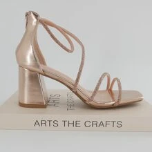 sandalias mujer,sandalias,tacones,sandalias de tacón alto para mujer, tacón medio, grueso, con tiras decoradas con diamantes, y cierre de cremallera en el talón,zapatos para fiestas, bodas, banquetes y eventos sociales - Champán - Ver 4