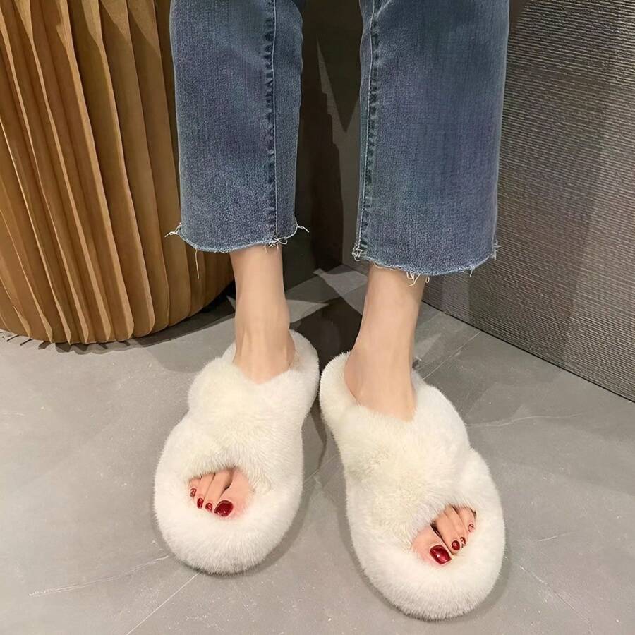 Pantuflas para mujer de casa para mujer con banda cruzada de punta abierta y forro polar de felpa suave, cómodas y antideslizantes. ☆ - Blanco - Ver 1