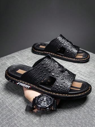 大地色系休闲复古渐变色简约动物纹鳄鱼纹男士沙滩日常出行户外居家度假聚会通勤户外穿着春夏秋季黑色酒红色棕色轻便防滑舒适透气汽车缝制拖鞋男士纯色渐变色印花动物纹鳄鱼皮露趾低帮鞋套脚平底厚底男士拖鞋