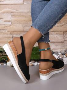 Nuevas sandalias de tacón de cuña para mujer con suela tejida, punta cerrada, estilo informal para vacaciones, calzado de mujer de tacón alto versátil - Negro - Ver 6