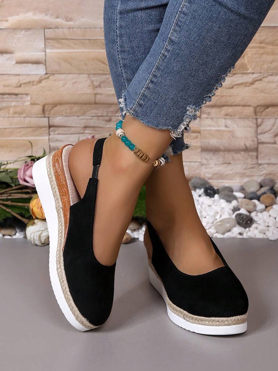 Nuevas sandalias de tacón de cuña para mujer con suela tejida, punta cerrada, estilo informal para vacaciones, calzado de mujer de tacón alto versátil - Negro - Ver 1