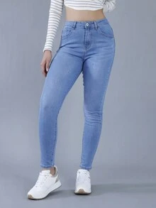 FINTI Jeans ajustados de talle alto y bolsillos. Pantalones skinny para mujer, vístete cómoda y con estilo - Azul lavado medio - Ver 6