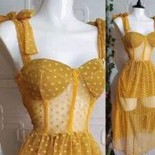 Vestido de corse tela mesh copas semiformadas talle largo cintas para ajustar los tirantes unitalla coquette juvenil sexy moda semitransparente largo comodo elegante - Amarillo - Ver 1