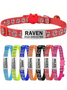 Customized Reflective Personalized Cat Collar With Detachable Buckle, Bell And Paw Print Design, Suitable For Small And Medium Male And Female Cats - Red - View 1