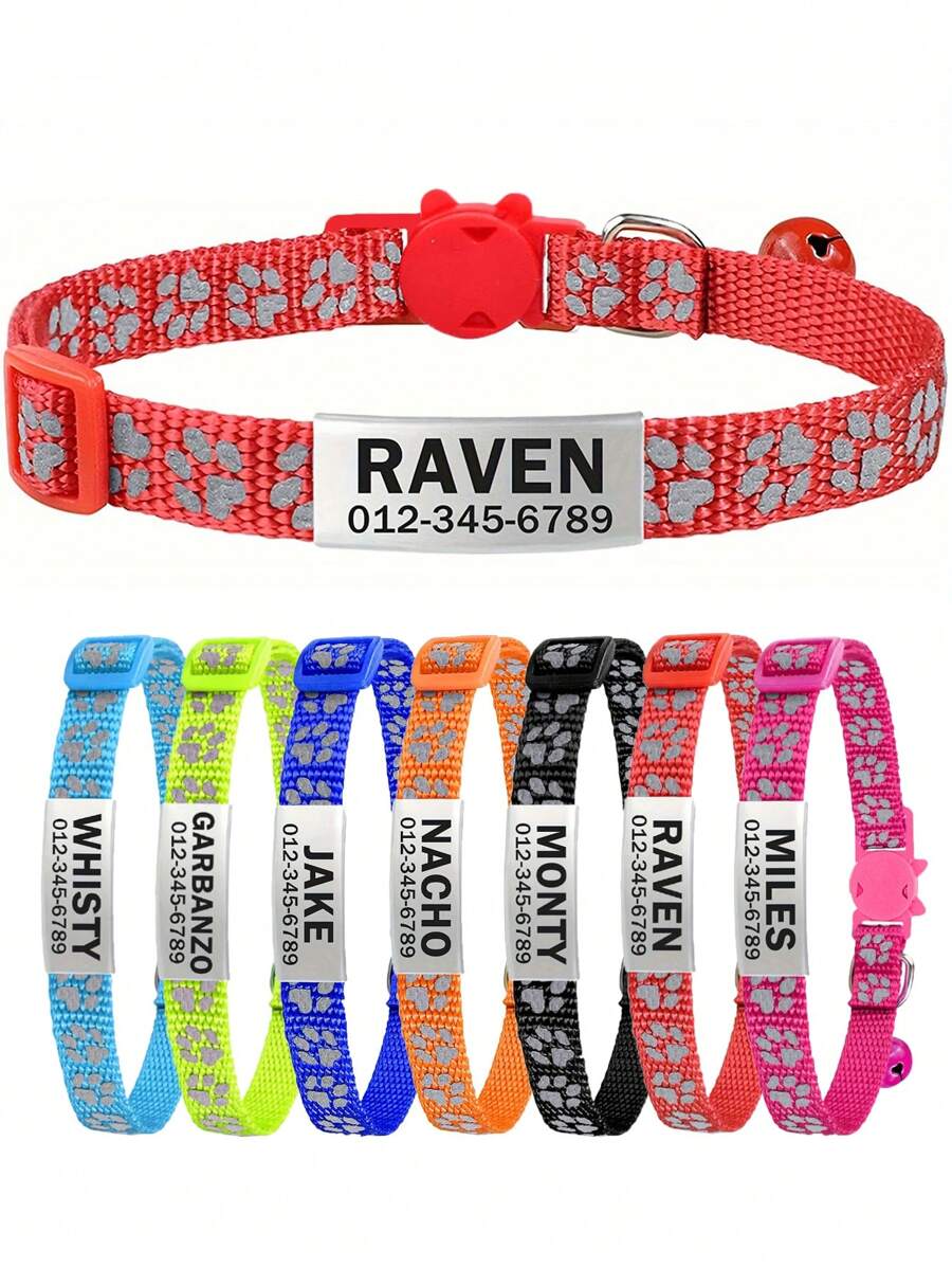 Customized Reflective Personalized Cat Collar With Detachable Buckle, Bell And Paw Print Design, Suitable For Small And Medium Male And Female Cats - Red - View 1