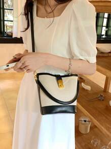 Mini bolso de mano de moda tipo balde de lona y PU para mujer, primavera/verano, varios estilos: bolso de mano/bolso de hombro/bandolera - Negro - Ver 2