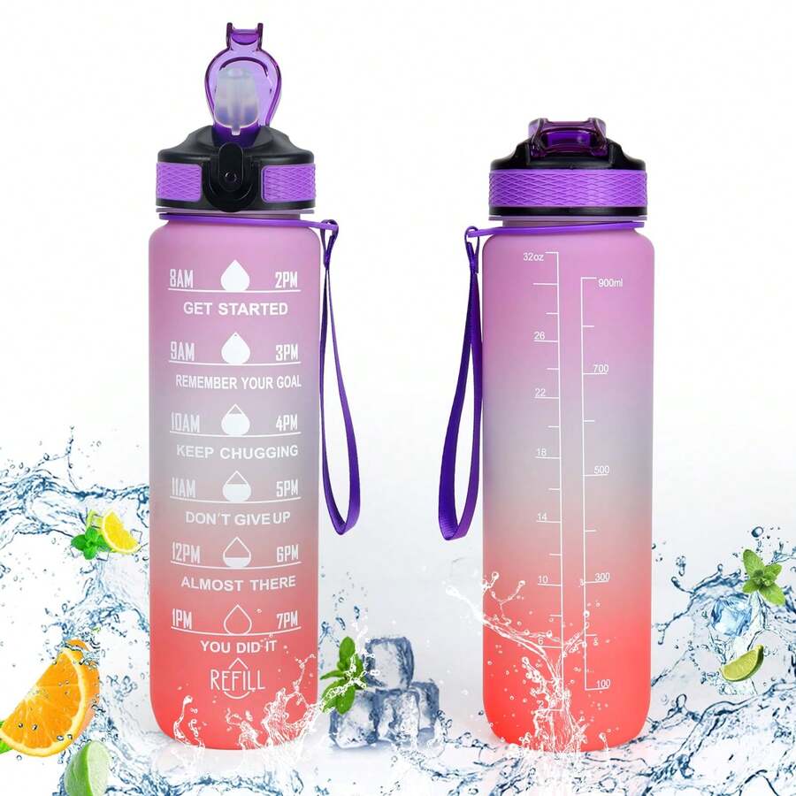 1pc 1L Leak-Proof Design Motivational Water Bottle With Time Markings Fitness Drinking Bottle With Straw Portable Sports Drink Water Bottles For Travel Outdoor Sports - Capacity - View 1