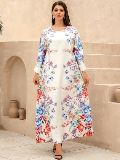 Middle East Muslim Women Long Robe Dress, Elegant Floral Print With Rhinestones, Round Neck Flounce Sleeve, Fashion Quality Design