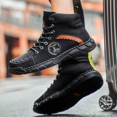 Men's High-Top Leather Boots, Korean, Versatile Casual Outdoor Short Boots, Cargo Boots, High-Top Leather Shoes, Motorcycle Boots, Camouflage (Note: Vintage Distressed Look And Irregularities Are Intentional As Part Of The Design)