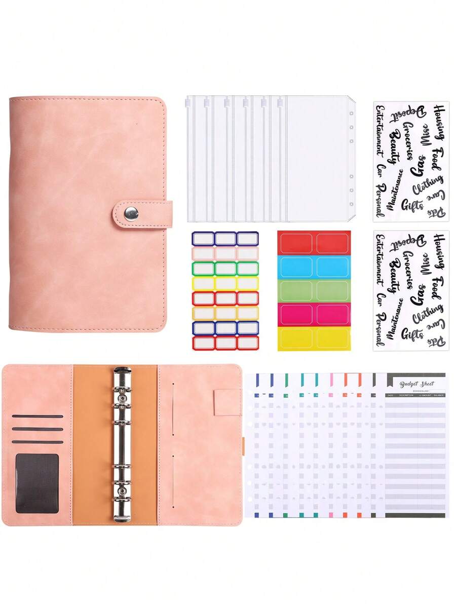 1set A6 Multi-Color Soft Leather Loose-Leaf Binder Cover With Stickers And 6 Zipper Pockets For Budget Cards Back To School, School Supplies - Multicolor - View 1