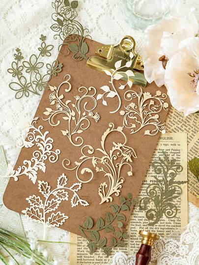 MOCARD 10pcs/Pack Hollow Out Plant & Flowers Theme Scrapbook Paper, DIY Decoration Background Paper, Gift For Festival, Handmade Collage Material, Personalized Stationery For Planning & Creative School Projects Back To School