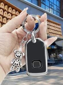 Móc khóa gấu bông xoay màu bạc nạm kim cương thời trang + Hộp đựng chìa khóa xe màu bạc đen chống rơi + Bộ móc chìa khóa cho Civic Accord CRV HRV Fit Odyssey Insight City Accord - màu đen - Xem 2