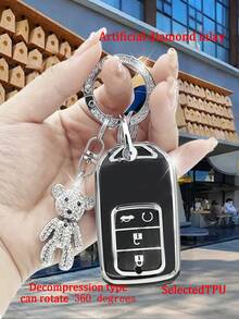 Móc khóa gấu bông xoay màu bạc nạm kim cương thời trang + Hộp đựng chìa khóa xe màu bạc đen chống rơi + Bộ móc chìa khóa cho Civic Accord CRV HRV Fit Odyssey Insight City Accord - màu đen - Xem 6