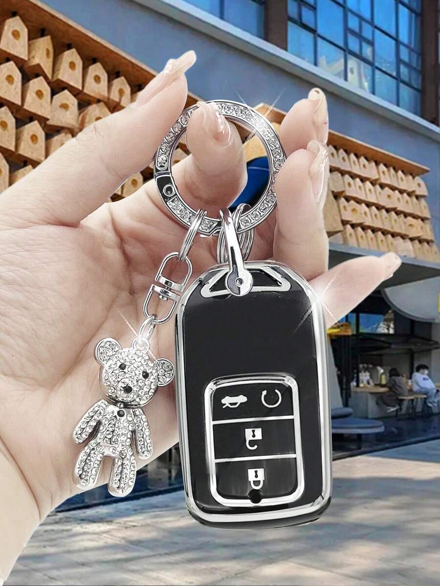 Móc khóa gấu bông xoay màu bạc nạm kim cương thời trang + Hộp đựng chìa khóa xe màu bạc đen chống rơi + Bộ móc chìa khóa cho Civic Accord CRV HRV Fit Odyssey Insight City Accord - màu đen - Xem 1