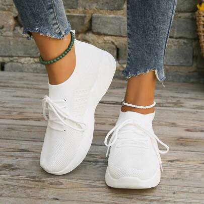 Women's Minimalist Solid Color Running Shoes, Mesh Breathable Lace Up Sneakers, Leisure Versatile Outdoor Sport Shoes