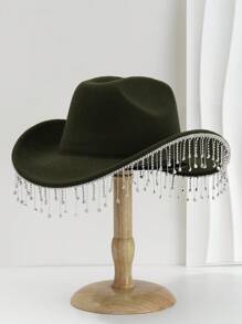 1pc Solid Color Unique Personality Sparkling Rhinestone Tassel Hat, With Shewee Cowgirl Hat, Suitable For Girlcore, Vintage, Floral, Spring Summer Bright Colors, Pink Aesthetic, Novel Punk Style Wide Brim BR Street Fashion, 2024 Wedding Essentials, Classy Aesthetic, Dinner Party Essentials, Suitable For Parties, Western-Themed Events, Gatherings, Engagement Parties, Cosplay, Graduation Ceremonies, Masquerades, Festivals, Weddings, Birthday Celebrations, Music Festivals, Coming-Of-Age Ceremonies Halloween